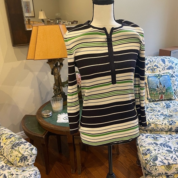 Tory Burch Navy, Green& White striped ribbed 1/4 Zip Top with 3/4 Sleeves Medium - Picture 2 of 8
